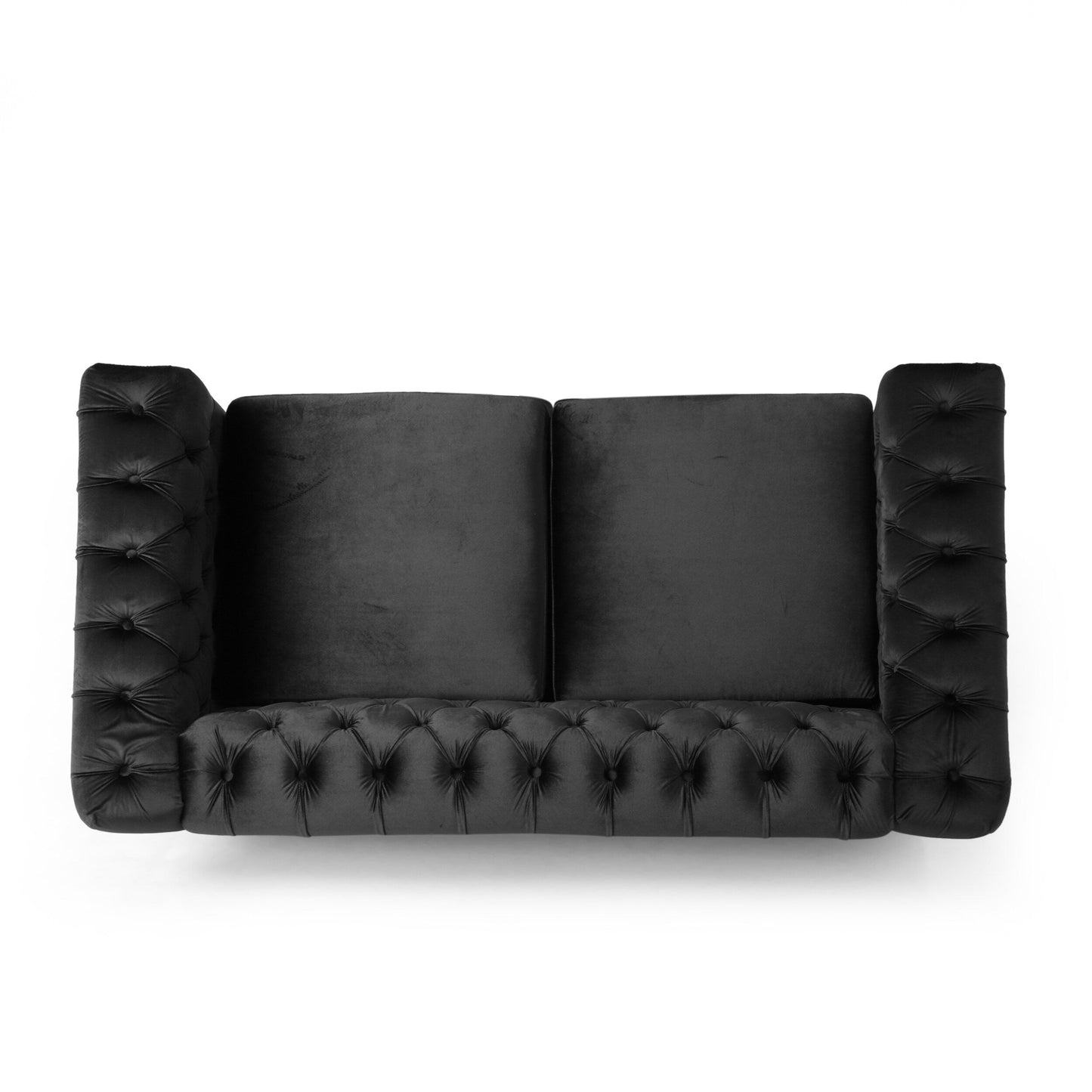 Divano a due posti imbottito e trapuntato Chesterfield nero con 61 bottoni, borchie e gambe in legno per soggiorno