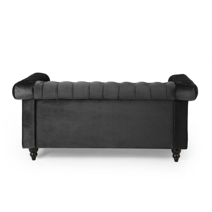 Divano a due posti imbottito e trapuntato Chesterfield nero con 61 bottoni, borchie e gambe in legno per soggiorno