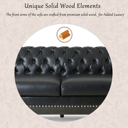 Divano Chesterfield 78.75 in similpelle nera a 3 posti con gambe in legno e borchie per soggiorno