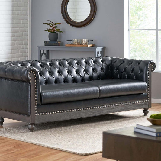Divano Chesterfield 78.75 in similpelle nera a 3 posti con gambe in legno e borchie per soggiorno