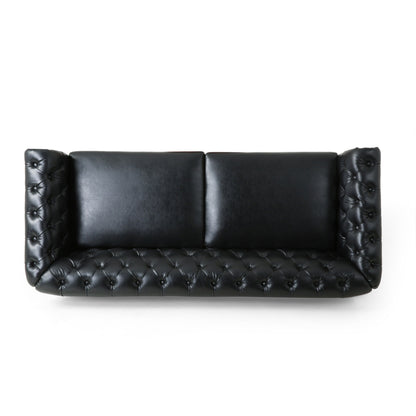 Divano Chesterfield 78.75 in similpelle nera a 3 posti con gambe in legno e borchie per soggiorno
