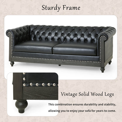Divano Chesterfield 78.75 in similpelle nera a 3 posti con gambe in legno e borchie per soggiorno