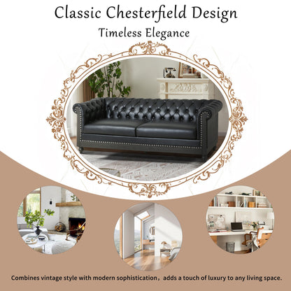 Divano Chesterfield 78.75 in similpelle nera a 3 posti con gambe in legno e borchie per soggiorno