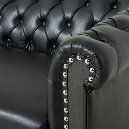Divano Chesterfield 78.75 in similpelle nera a 3 posti con gambe in legno e borchie per soggiorno