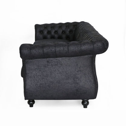 Divano Chesterfield nero 84.75 imbottito con bottoni, 3 posti, borchie e gambe in legno per soggiorno