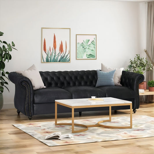 Divano Chesterfield nero 84.75 imbottito con bottoni, 3 posti, borchie e gambe in legno per soggiorno