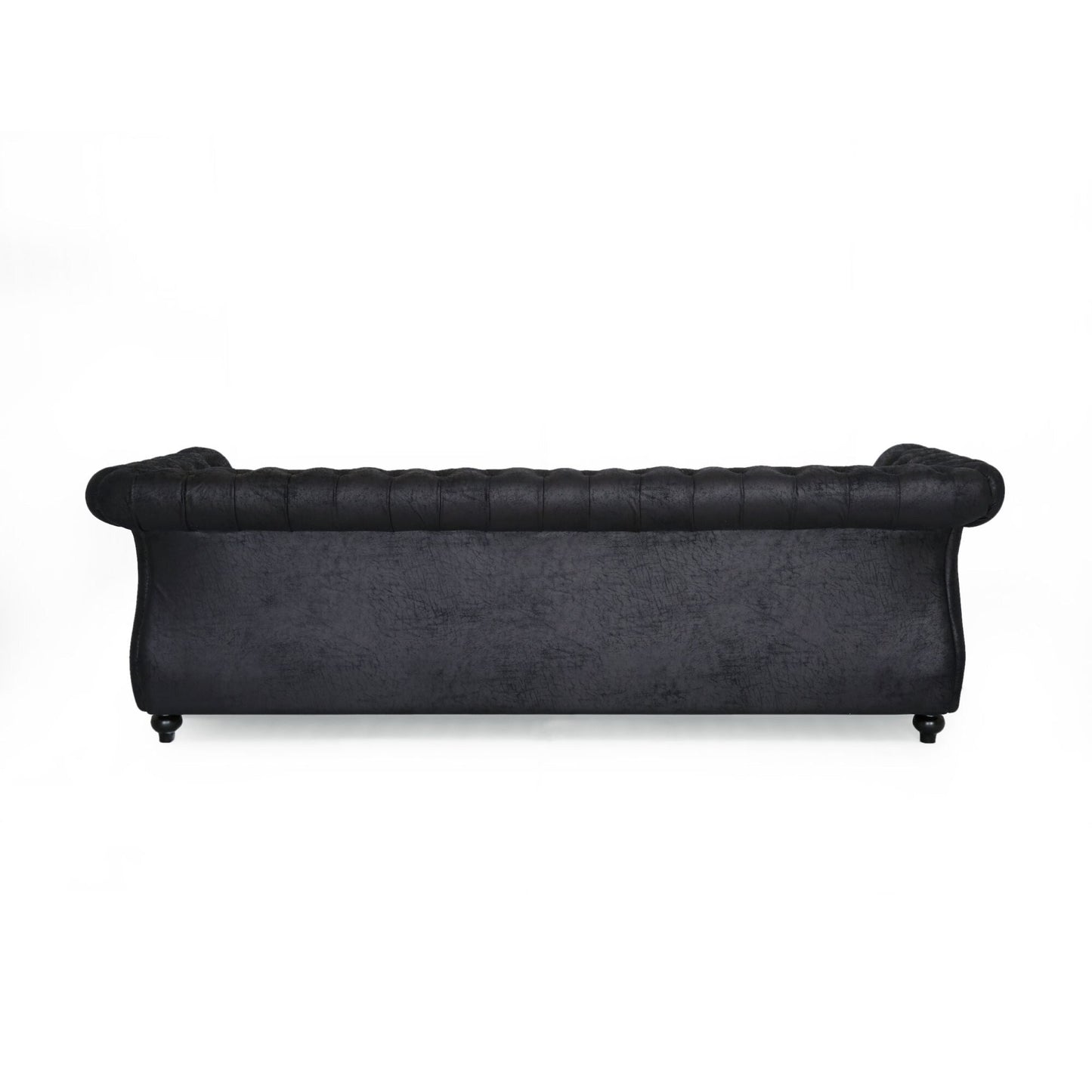 Divano Chesterfield nero 84.75 imbottito con bottoni, 3 posti, borchie e gambe in legno per soggiorno