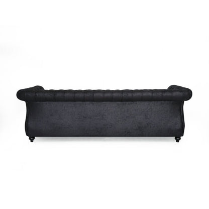 Divano Chesterfield nero 84.75 imbottito con bottoni, 3 posti, borchie e gambe in legno per soggiorno
