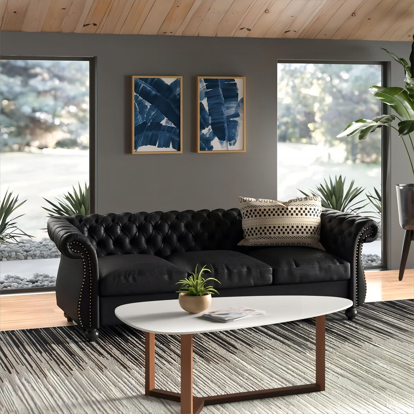 Divano Chesterfield nero 84.75 imbottito con bottoni, 3 posti, borchie e gambe in legno per soggiorno