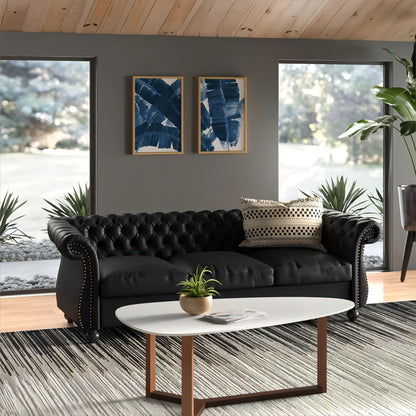 Divano Chesterfield nero 84.75 imbottito con bottoni, 3 posti, borchie e gambe in legno per soggiorno