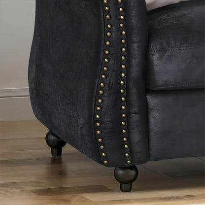 Divano Chesterfield nero 84.75 imbottito con bottoni, 3 posti, borchie e gambe in legno per soggiorno