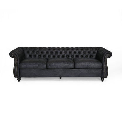 Divano Chesterfield nero 84.75 imbottito con bottoni, 3 posti, borchie e gambe in legno per soggiorno