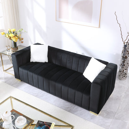 Divano Chesterfield 87.01 in velluto nero con trapuntatura a canale a 3 posti e cuscini per soggiorno
