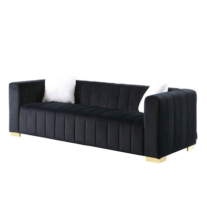 Divano Chesterfield 87.01 in velluto nero con trapuntatura a canale a 3 posti e cuscini per soggiorno