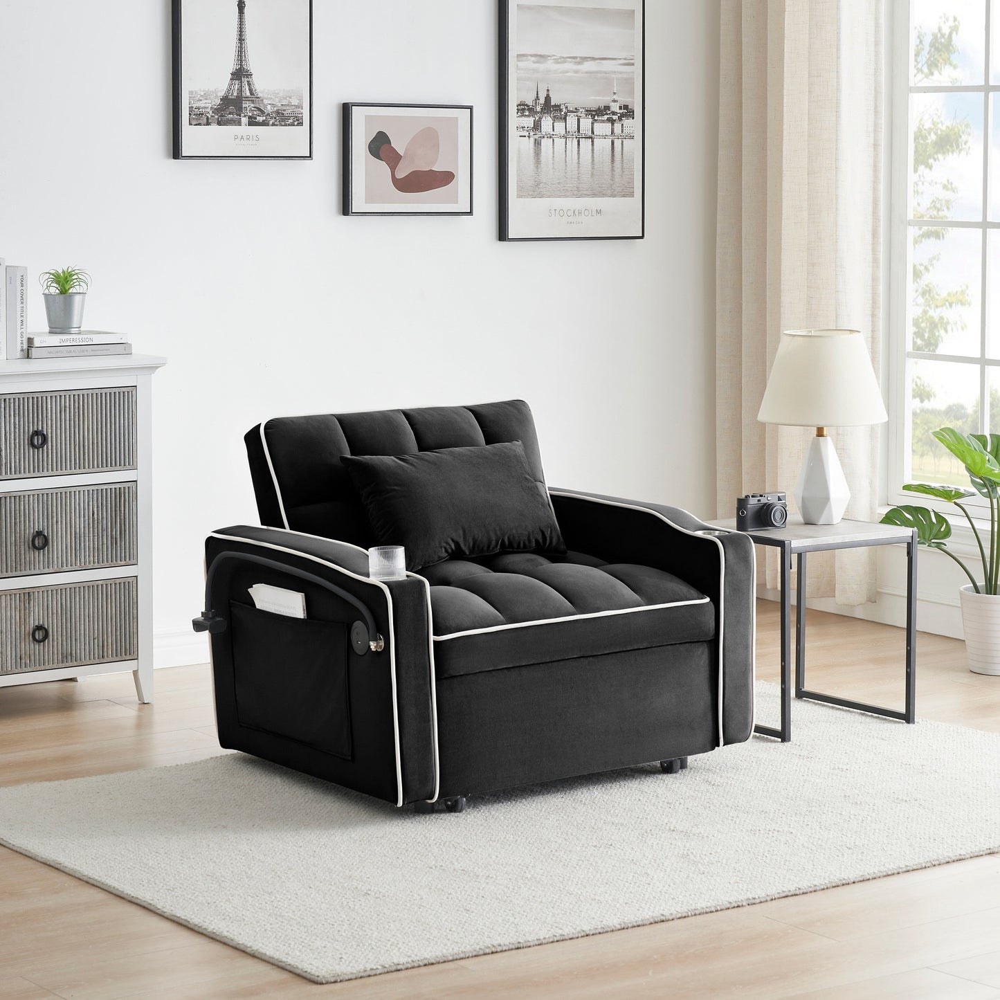 Divano letto singolo convertibile nero con porta di ricarica USB