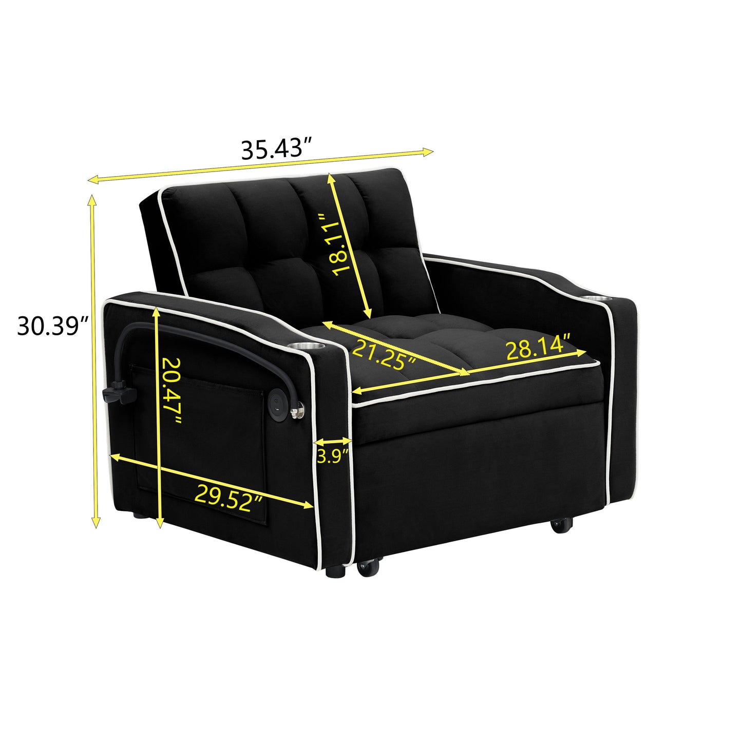 Divano letto singolo convertibile nero con porta di ricarica USB