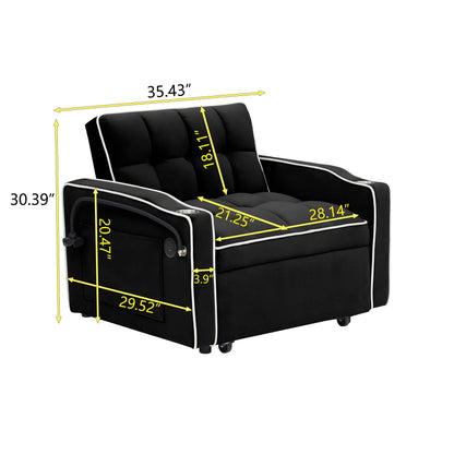 Divano letto singolo convertibile nero con porta di ricarica USB