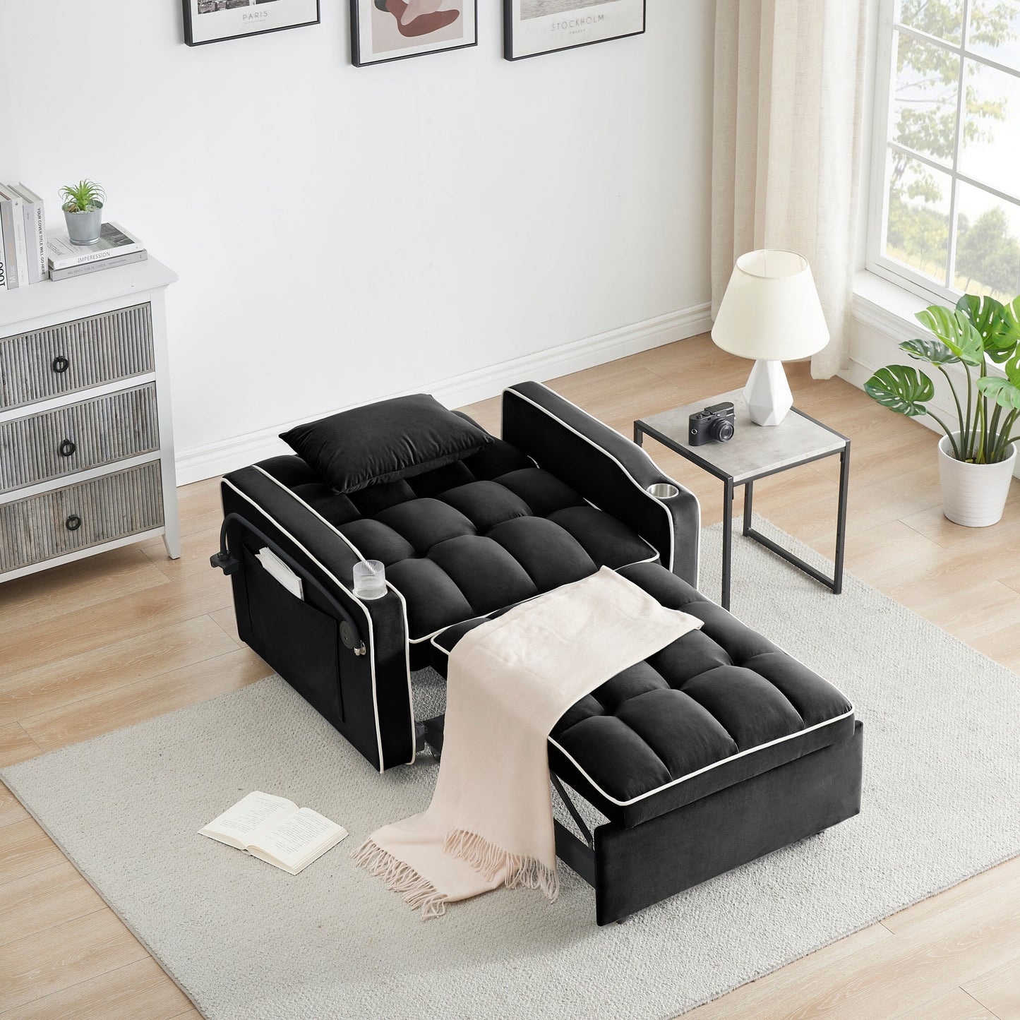 Divano letto singolo convertibile nero con porta di ricarica USB