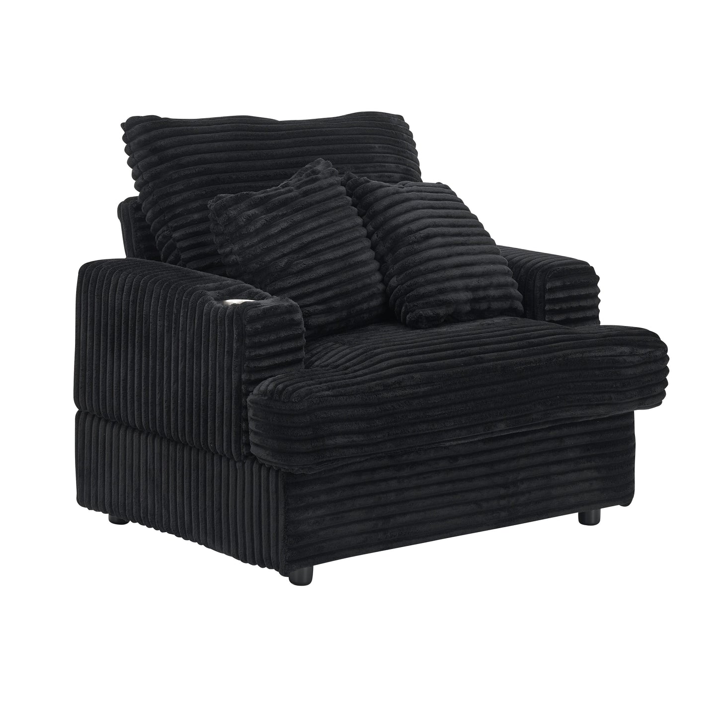 Poltrona in velluto a coste nero con pouf e portabicchieri