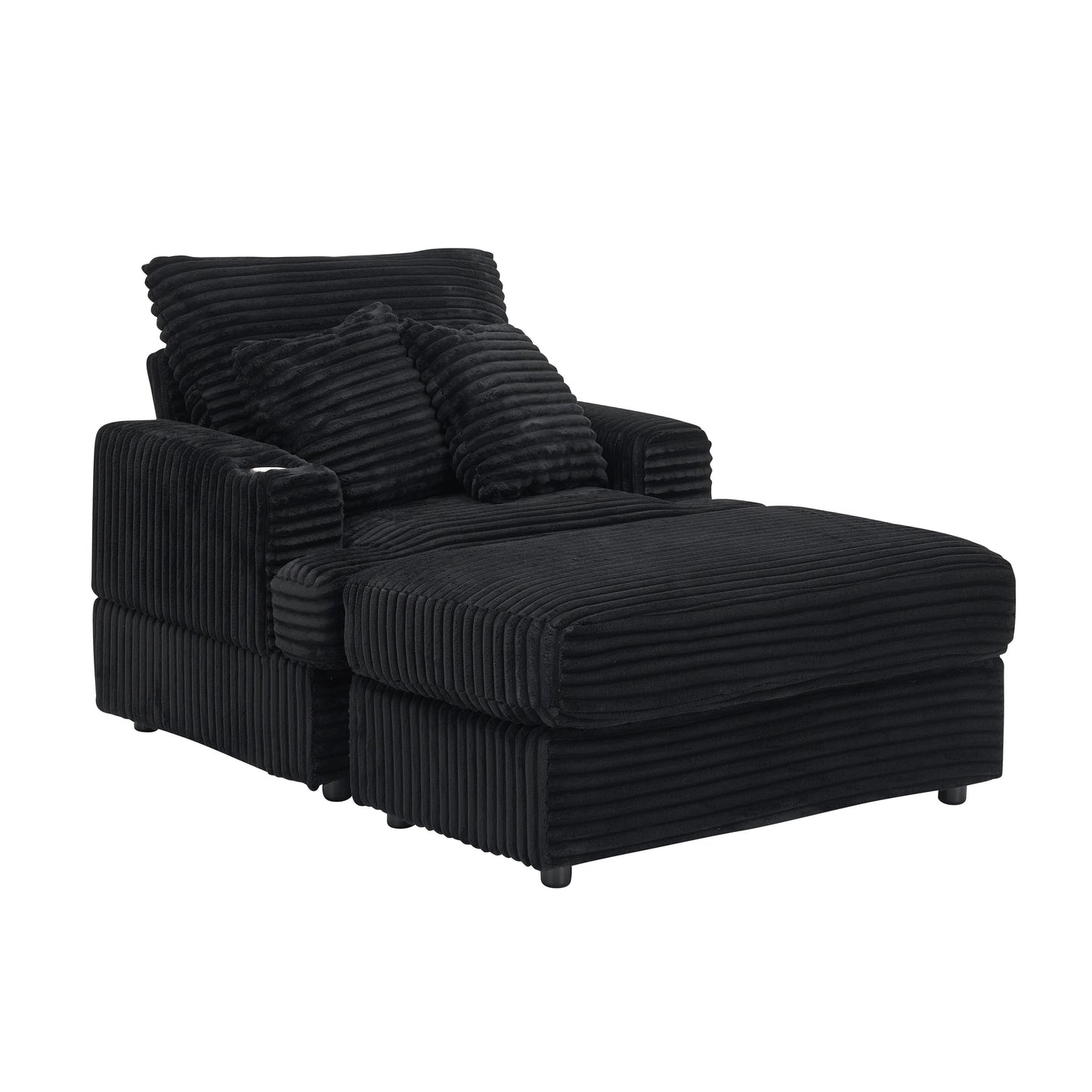 Poltrona in velluto a coste nero con pouf e portabicchieri