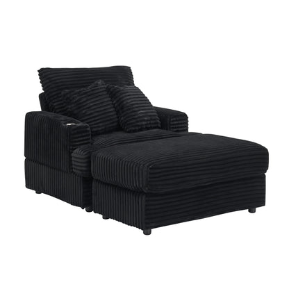 Poltrona in velluto a coste nero con pouf e portabicchieri