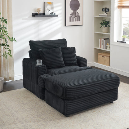 Poltrona in velluto a coste nero con pouf e portabicchieri