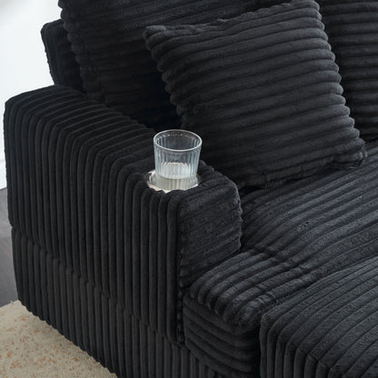 Poltrona in velluto a coste nero con pouf e portabicchieri