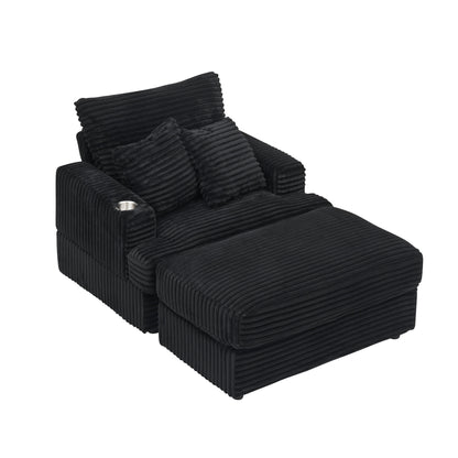 Poltrona in velluto a coste nero con pouf e portabicchieri