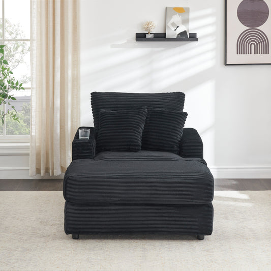 Poltrona in velluto a coste nero con pouf e portabicchieri