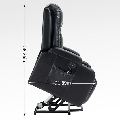 Poltrona reclinabile elettrica nera adatta agli anziani, dotata di massaggio vibrante, riscaldamento lombare, porta USB e portabicchieri