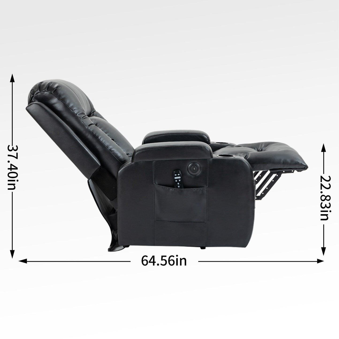 Poltrona reclinabile elettrica nera adatta agli anziani con massaggio vibrante, riscaldamento lombare, porta USB e portabicchieri