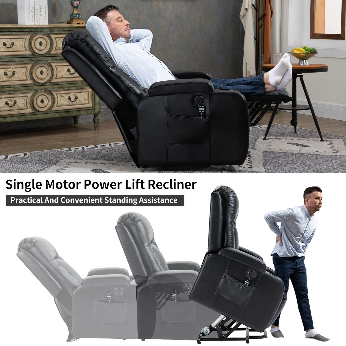 Poltrona reclinabile elettrica nera adatta agli anziani con massaggio vibrante, riscaldamento lombare, porta USB e portabicchieri