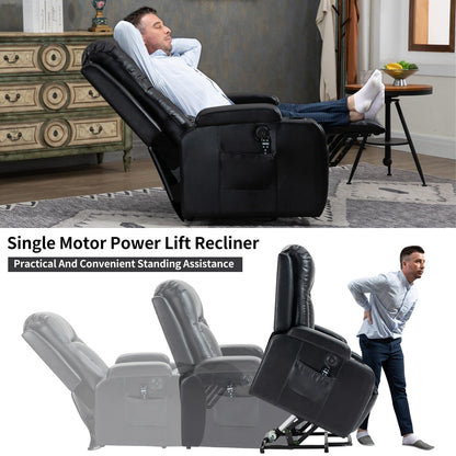 Poltrona reclinabile elettrica nera adatta agli anziani con massaggio vibrante, riscaldamento lombare, porta USB e portabicchieri