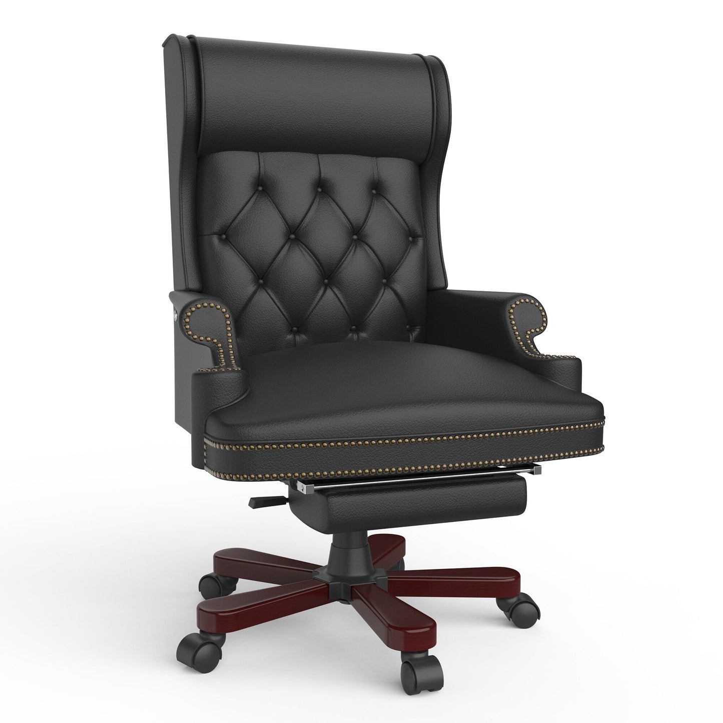 Poltrona reclinabile ergonomica da ufficio girevole in similpelle nera con poggiapiedi, schienale con bottoni trapuntati, decorazione con borchie