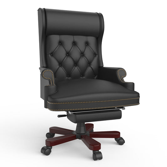 Poltrona reclinabile ergonomica da ufficio girevole in similpelle nera con poggiapiedi, schienale con bottoni trapuntati, decorazione con borchie