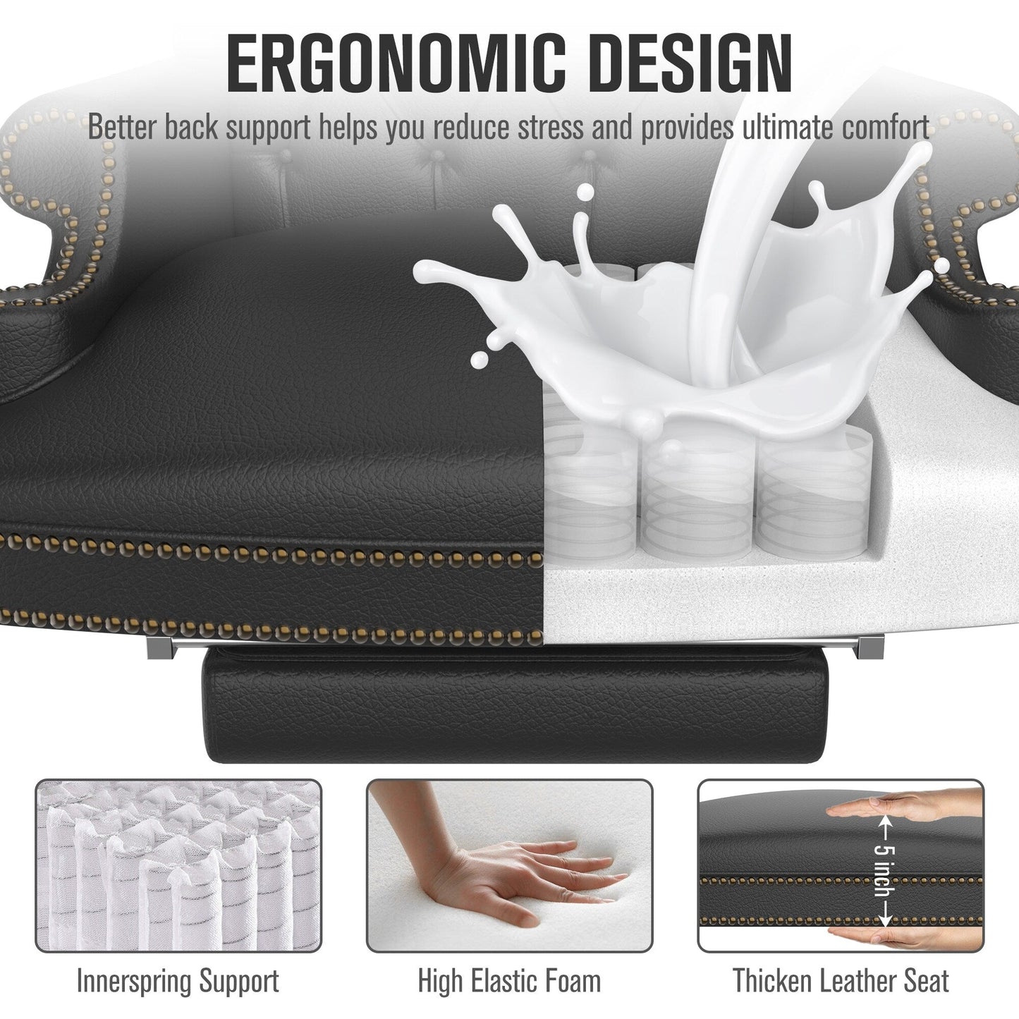 Poltrona reclinabile ergonomica da ufficio girevole in similpelle nera con poggiapiedi, schienale con bottoni trapuntati, decorazione con borchie