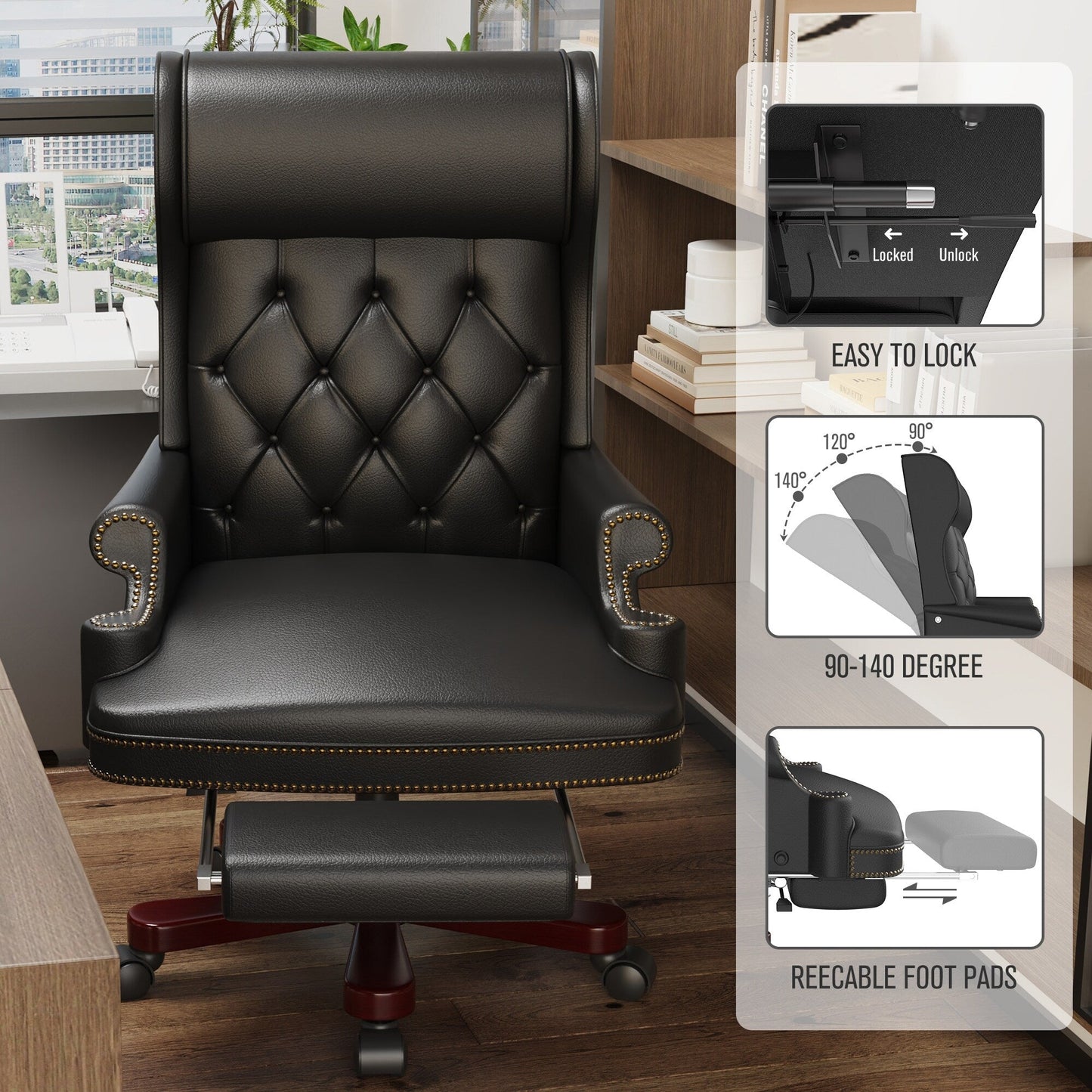 Poltrona reclinabile ergonomica da ufficio girevole in similpelle nera con poggiapiedi, schienale con bottoni trapuntati, decorazione con borchie