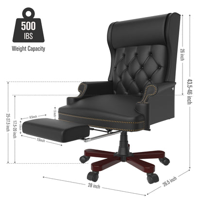 Poltrona reclinabile ergonomica da ufficio girevole in similpelle nera con poggiapiedi, schienale con bottoni trapuntati, decorazione con borchie