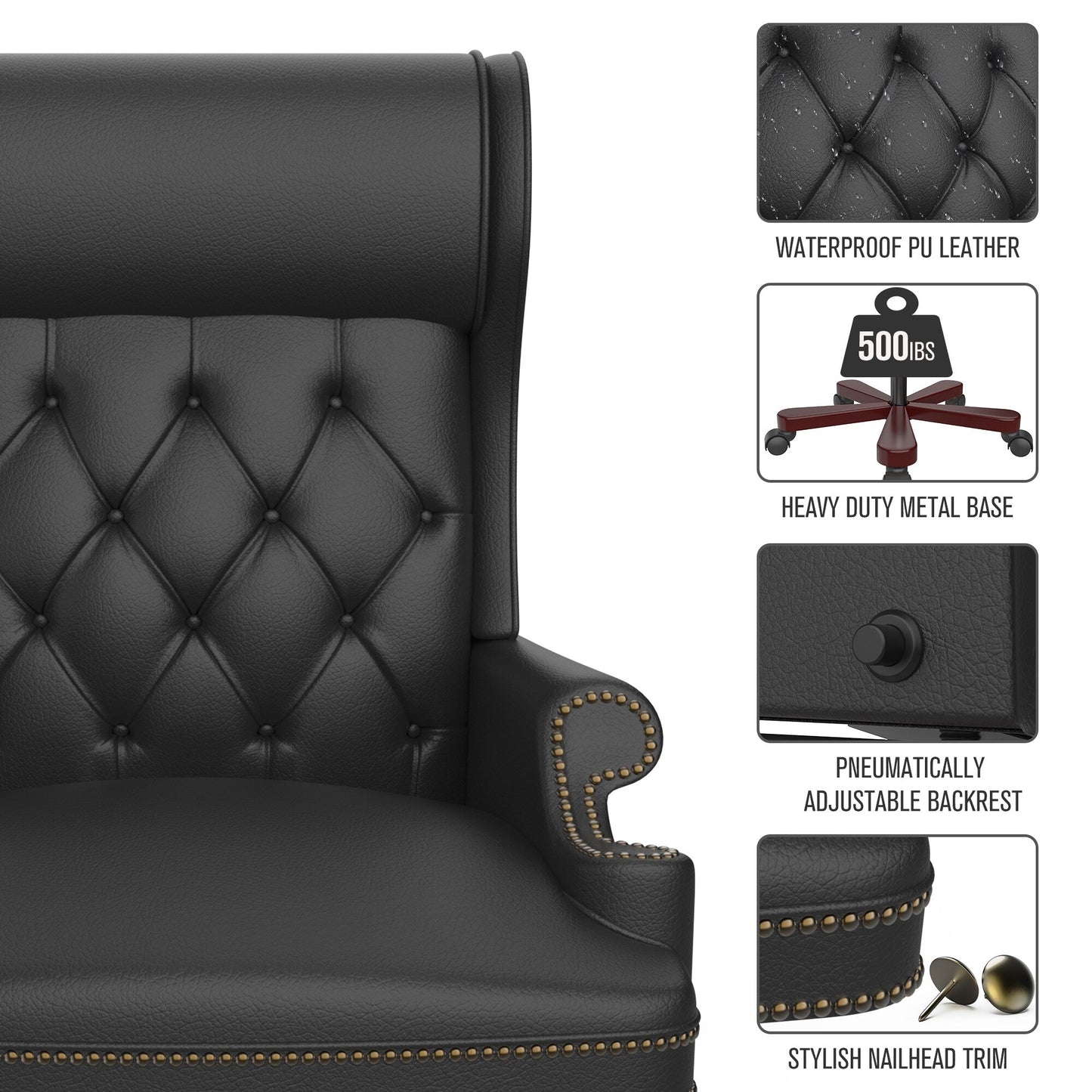 Poltrona reclinabile ergonomica da ufficio girevole in similpelle nera con poggiapiedi, schienale con bottoni trapuntati, decorazione con borchie