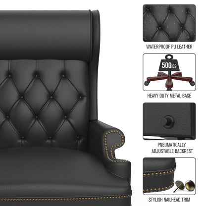 Poltrona reclinabile ergonomica da ufficio girevole in similpelle nera con poggiapiedi, schienale con bottoni trapuntati, decorazione con borchie