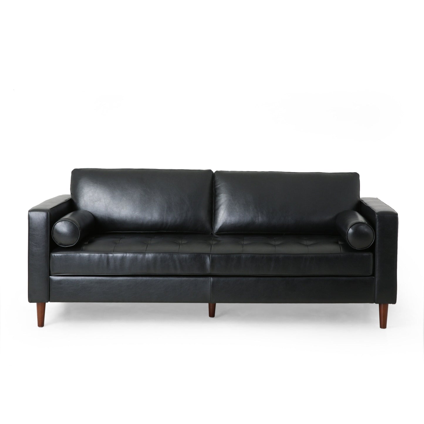 Divano a 3 posti in similpelle nera con gambe in legno