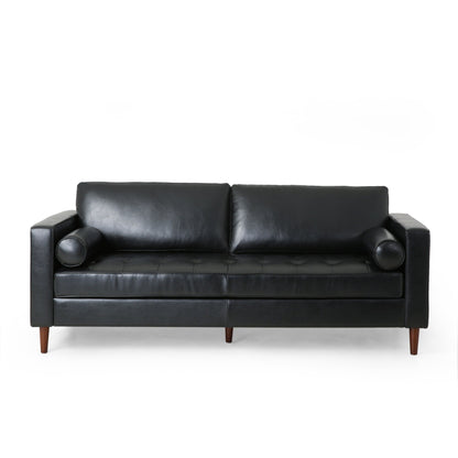 Divano a 3 posti in similpelle nera con gambe in legno