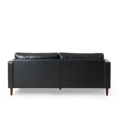 Divano a 3 posti in similpelle nera con gambe in legno