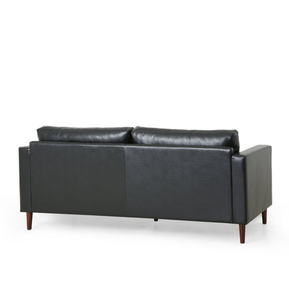 Divano a 3 posti in similpelle nera con gambe in legno