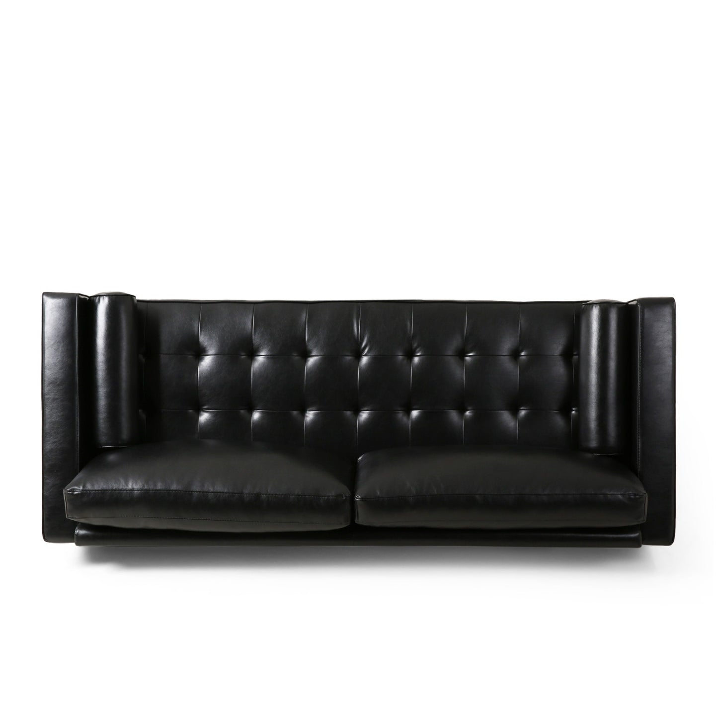 Divano a 3 posti in similpelle nera con gambe in legno