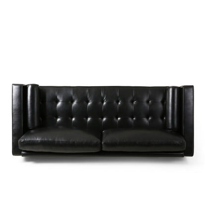 Divano a 3 posti in similpelle nera con gambe in legno