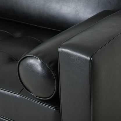 Divano a 3 posti in similpelle nera con gambe in legno