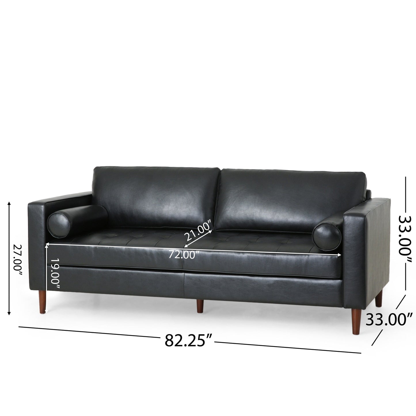 Divano a 3 posti in similpelle nera con gambe in legno