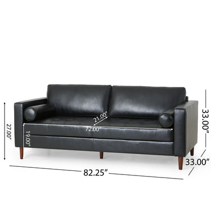 Divano a 3 posti in similpelle nera con gambe in legno