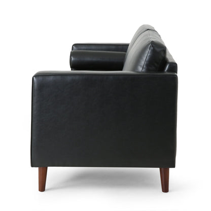 Divano a 3 posti in similpelle nera con gambe in legno